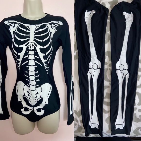 Foreplay Costumes Tops - Skeleton Costume Bodysuit with Skull Flower Crown